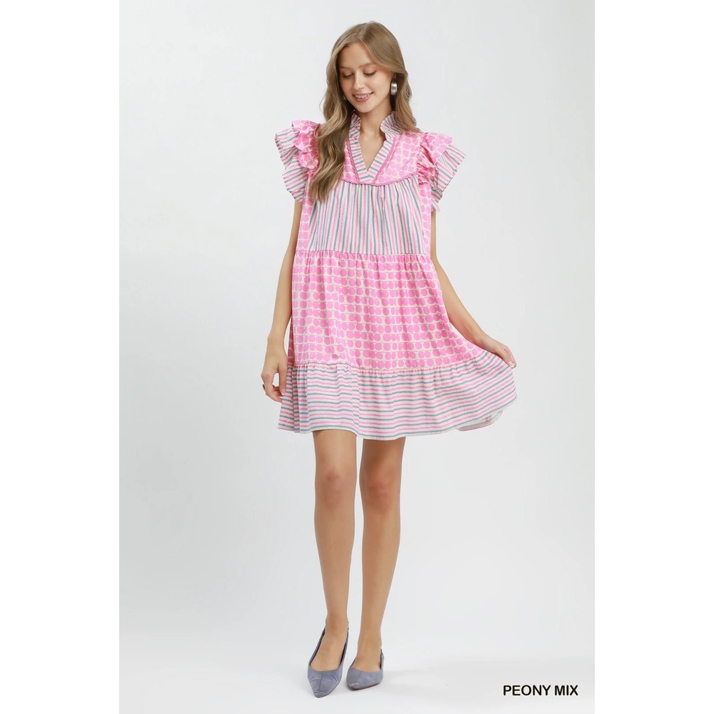 Umgee Mix Patchwork Flutter Sleeve Tiered Dress - Peony Mix - Large - Picture 4 of 5